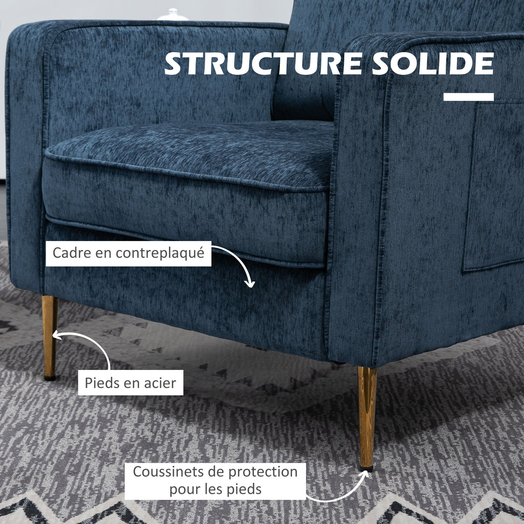 Fauteuil en tissu avec pieds en acier doré, grand confort, pochettes latérales, pour salon, bureau, chambre, bleu-5