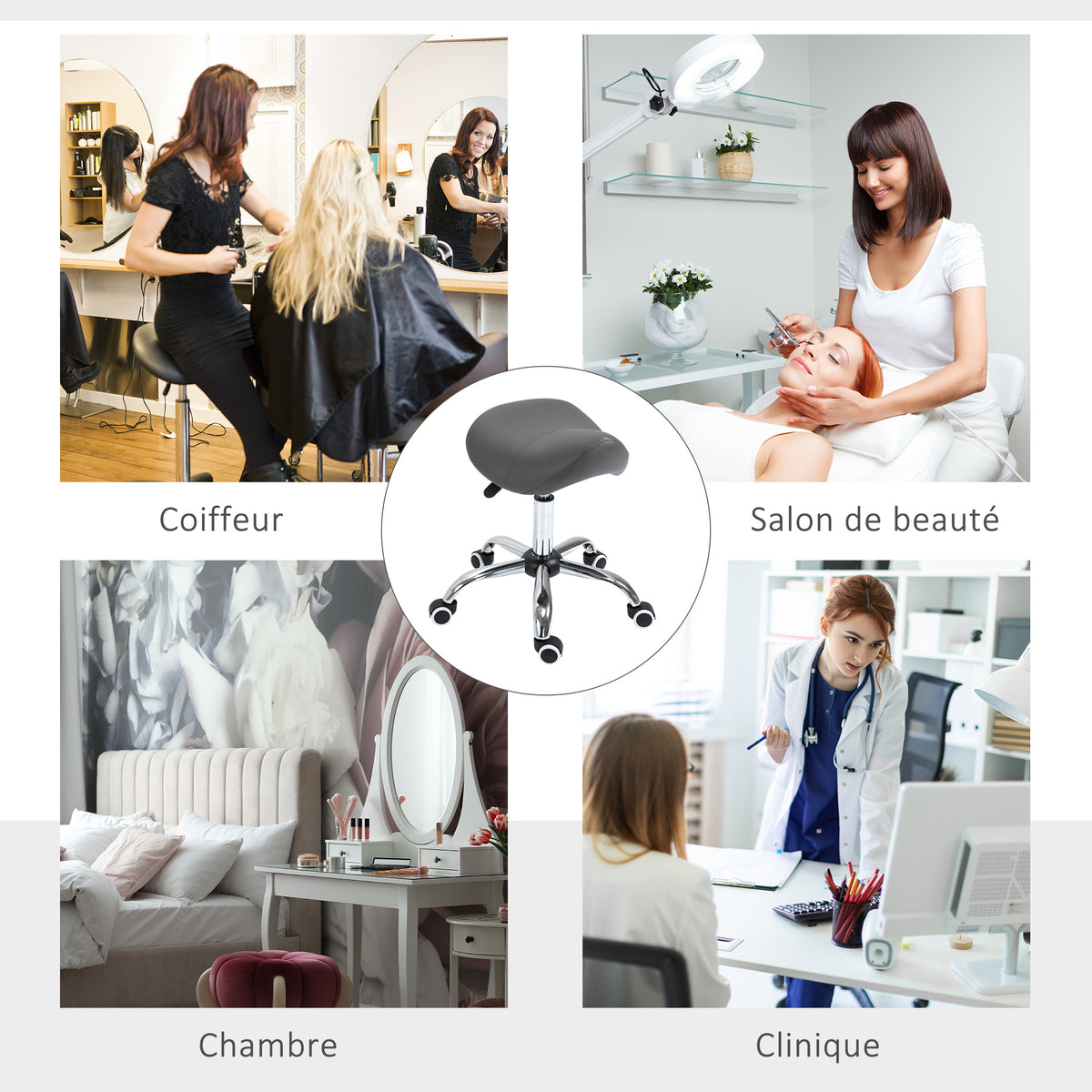 Tabouret à roulettes, tabouret de massage avec hauteur réglable 49-61 cm et selle ergonomique, chaise de travail à roulettes pivotant 360°, pour salon de massage tatouage clinique spa, gris-4