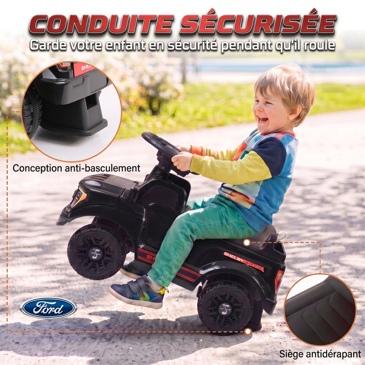 Voiture Porteur pour Enfants Shelby, Dossier, Anti-Basculement, Sons, Compartiment, 18-72 Mois, 80x25,5x33cm, Noir-4