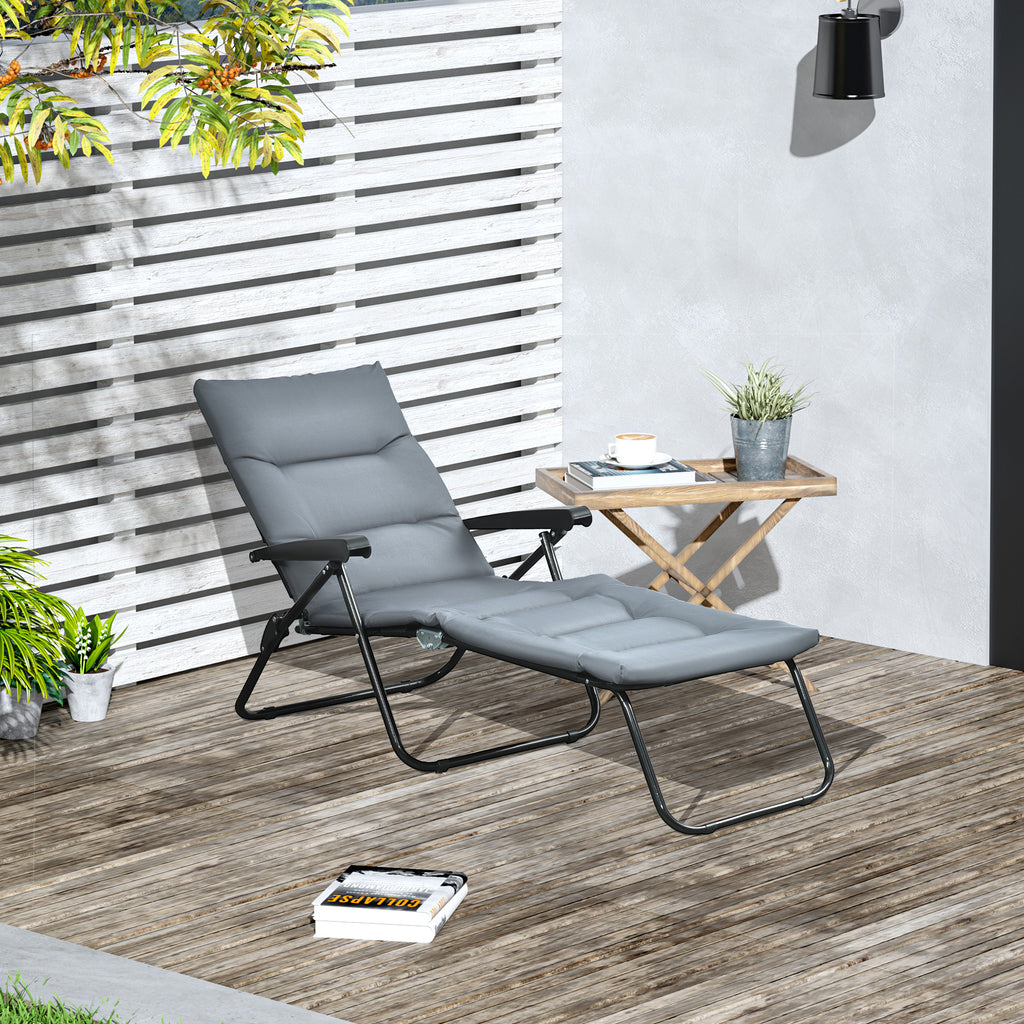 Bain de soleil pliable transat inclinable 6 positions avec matelas + accoudoirs acier polyester gris-1