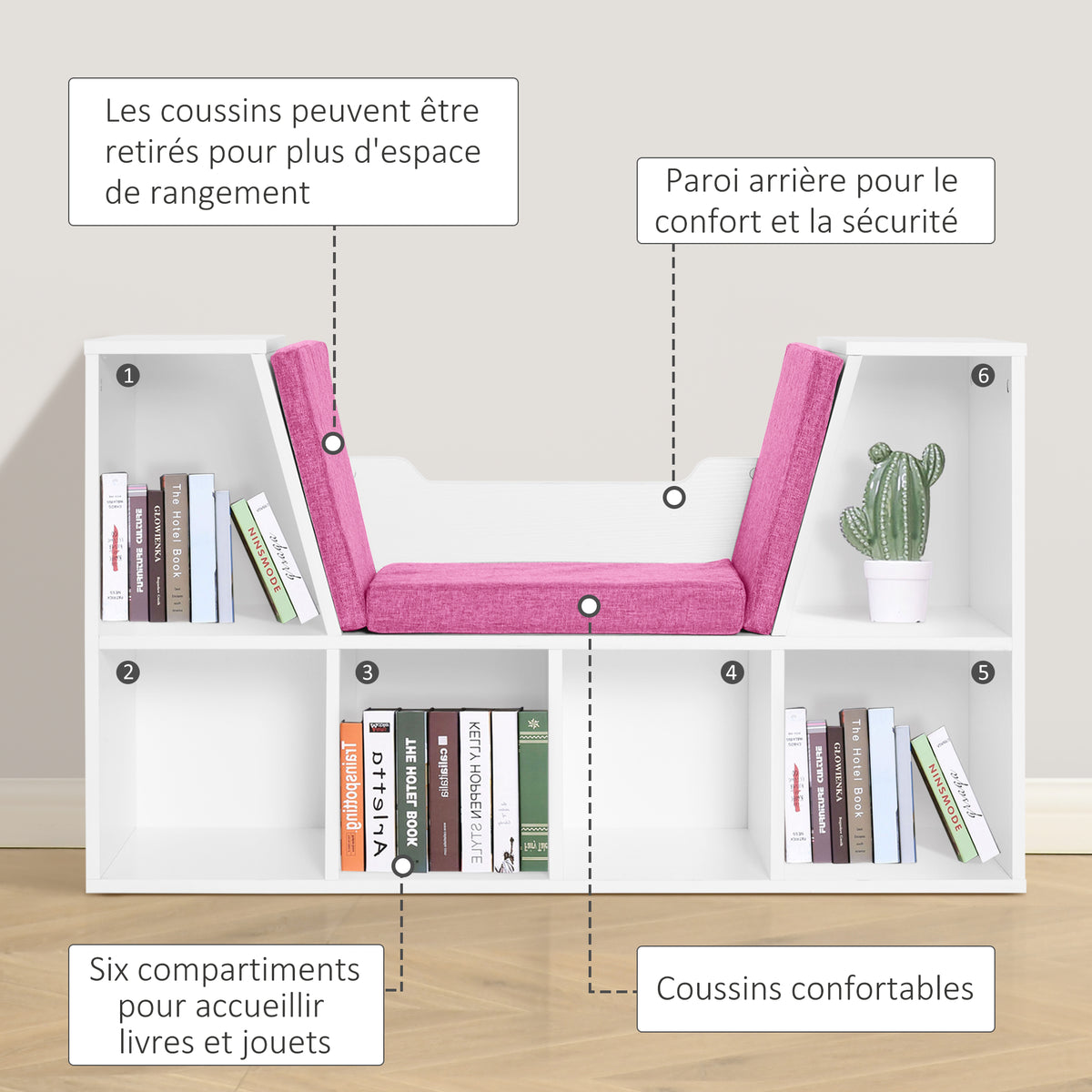 Bibliothèque banc 2 en 1 avec coussins de siège, étagère cube 6 compartiments ouverts et 2 niveaux, meuble de-5