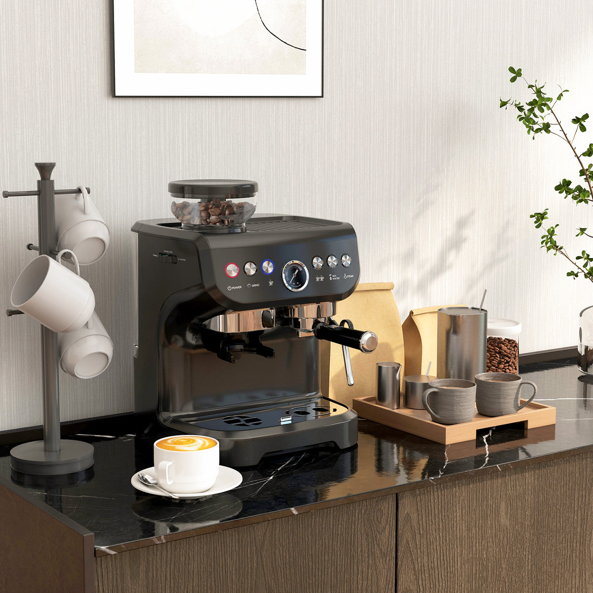 Machine à expresso 1600W avec moulin à grains, buse vapeur, pompe italienne 15 bars, réservoir d'eau 2 L, noir-1