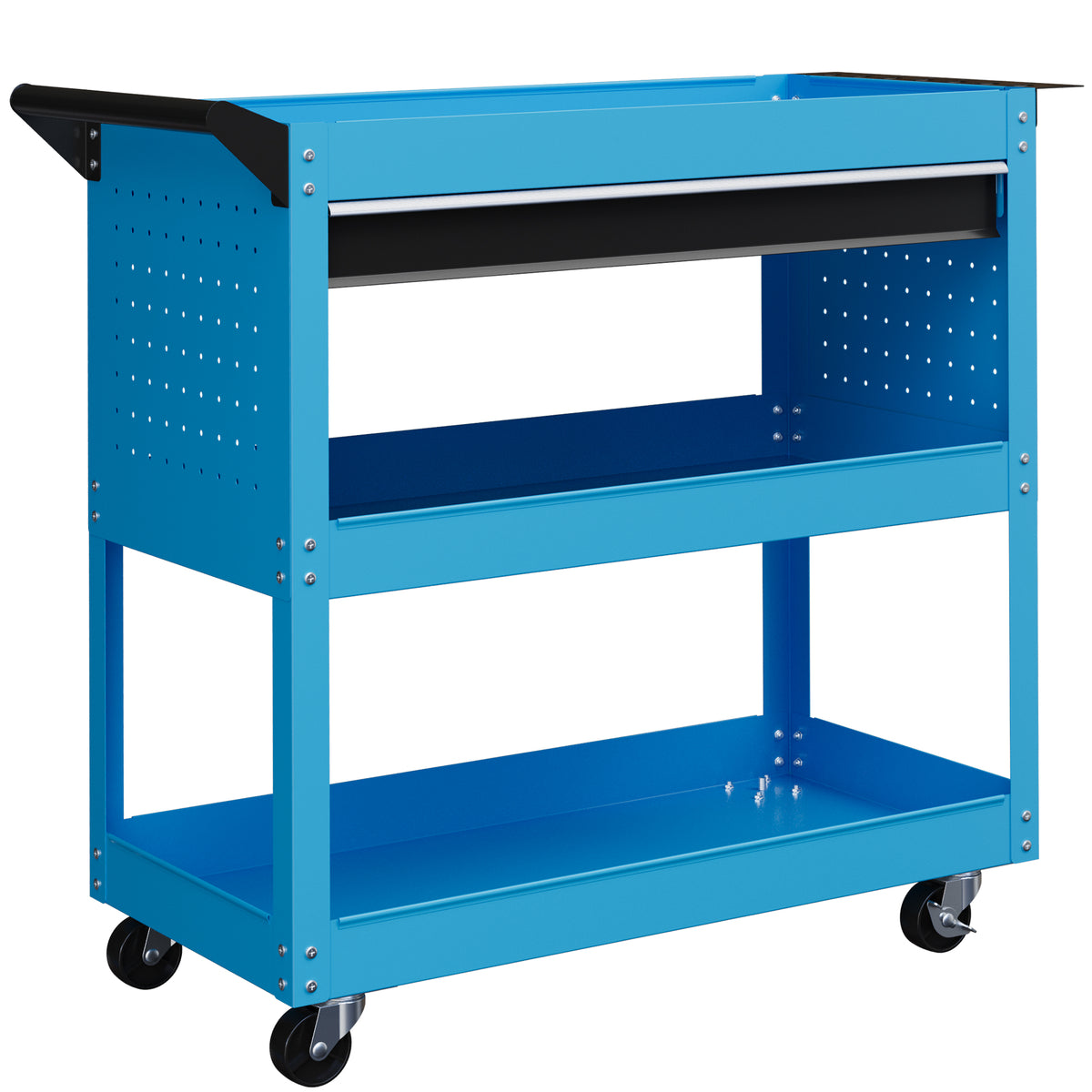 Chariot d'atelier servante atelier à 3 niveaux avec tiroir, porte-outils latéral et poignée, 82x35x76 cm, bleu-0