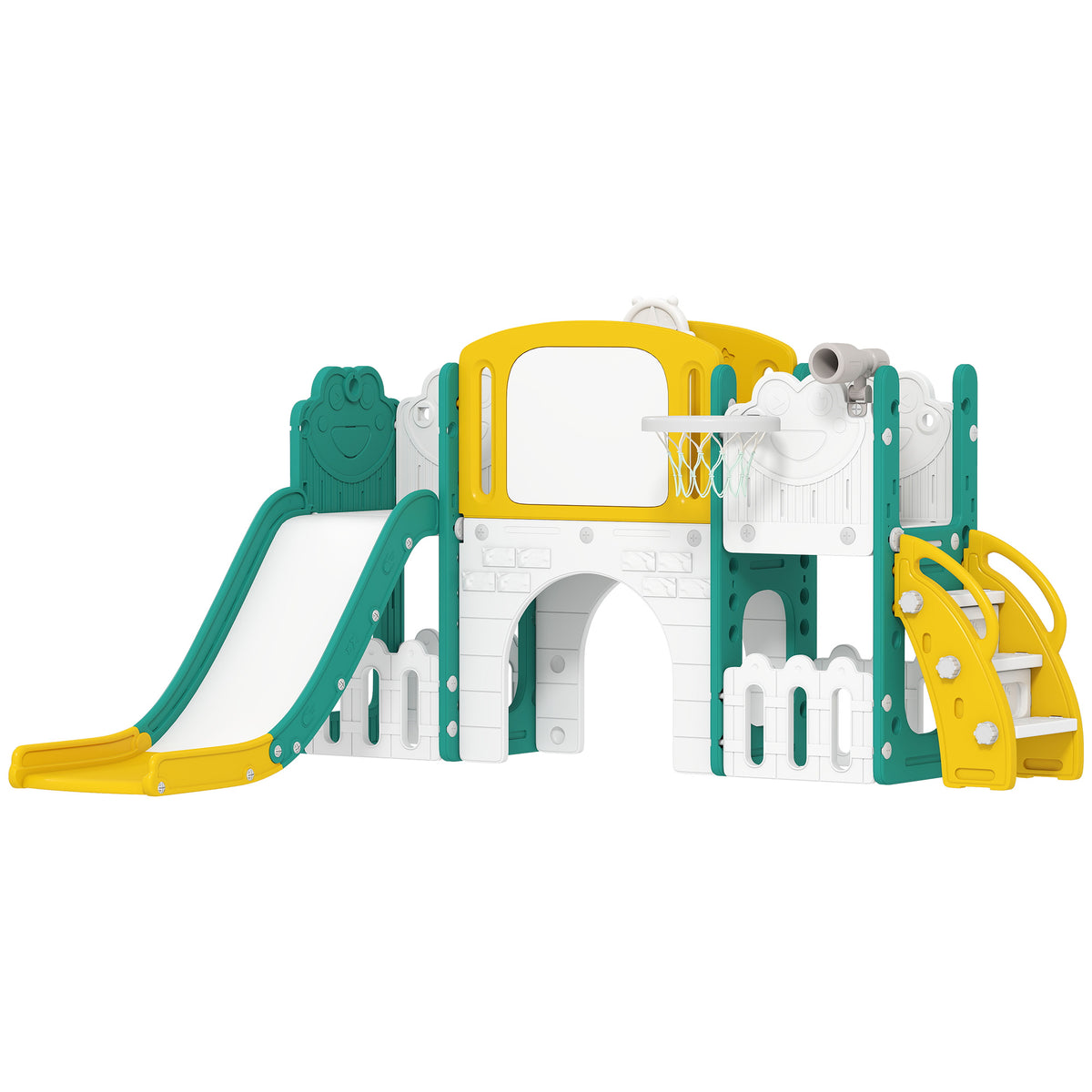 Toboggan pour enfant 7 en 1 avec panier de basket, télescope, rangement, tunnel, escalade, tableau de dessin, jaune-0