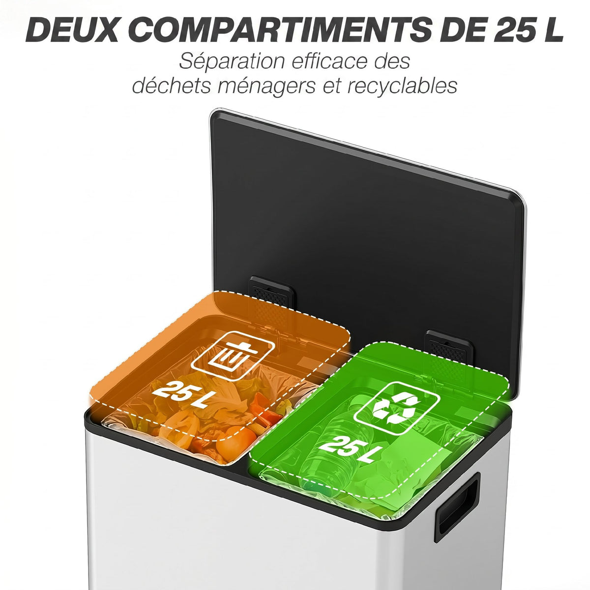 Poubelle de cuisine 2 compartiments de 2 x 25L, acier inoxydable, couvercle à fermeture douce, 47,7x37,5x56cm, argent-3
