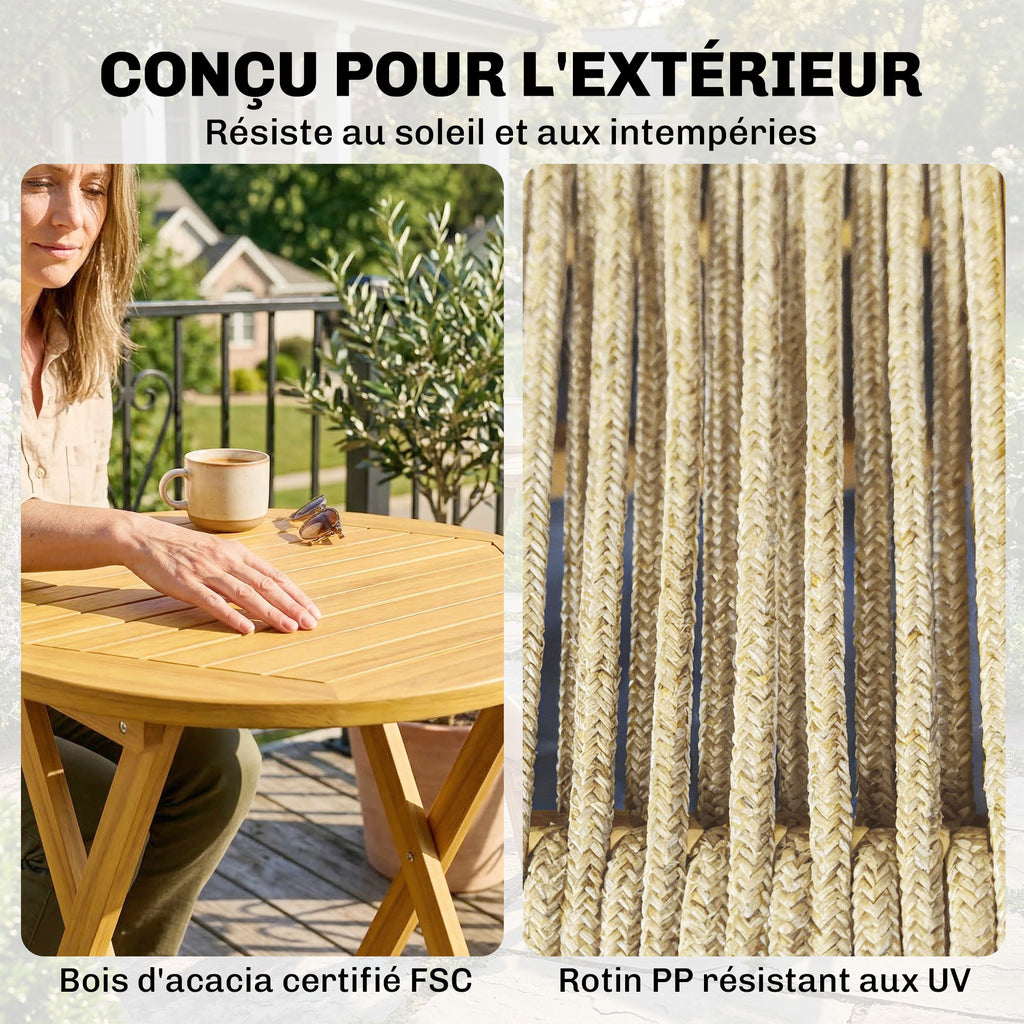Salon de Jardin Ensemble Bistro 3 Pièces Table Ronde et 2 Chaises Pliables Design Boho Bois d'Acacia Cordage PP Naturel-5