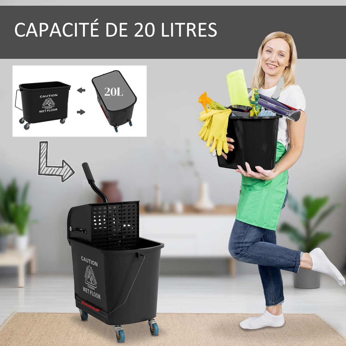 Chariot de nettoyage lavage seau de ménage 20 L avec essoreur et séparateur eau sale propre noir 60L x 27l x 70,5H cm-3