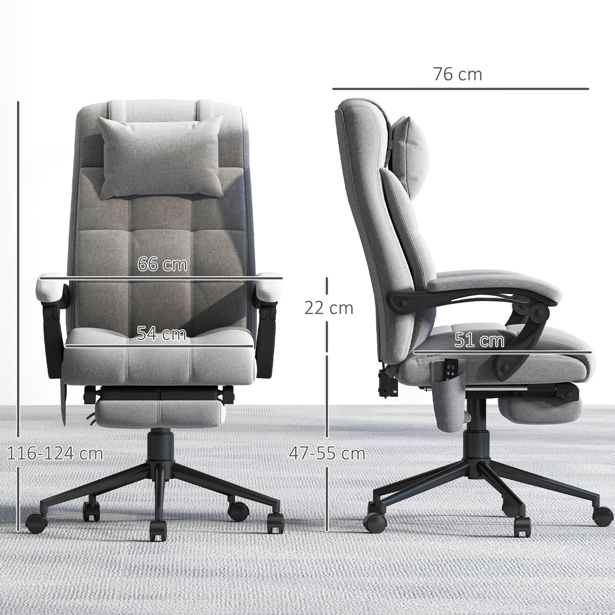 Chaise de bureau de massage chauffante réglable en hauteur de 116-124 cm ergonomique inclinable tissu effet lin, gris-2