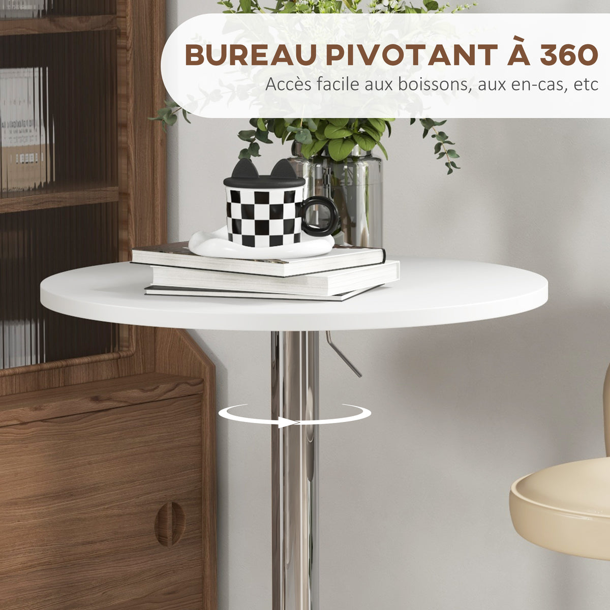 Table de bar ronde table haute cuisine réglable en hauteur 69-91 cm plateau pivotante à 360° blanc et argenté-4