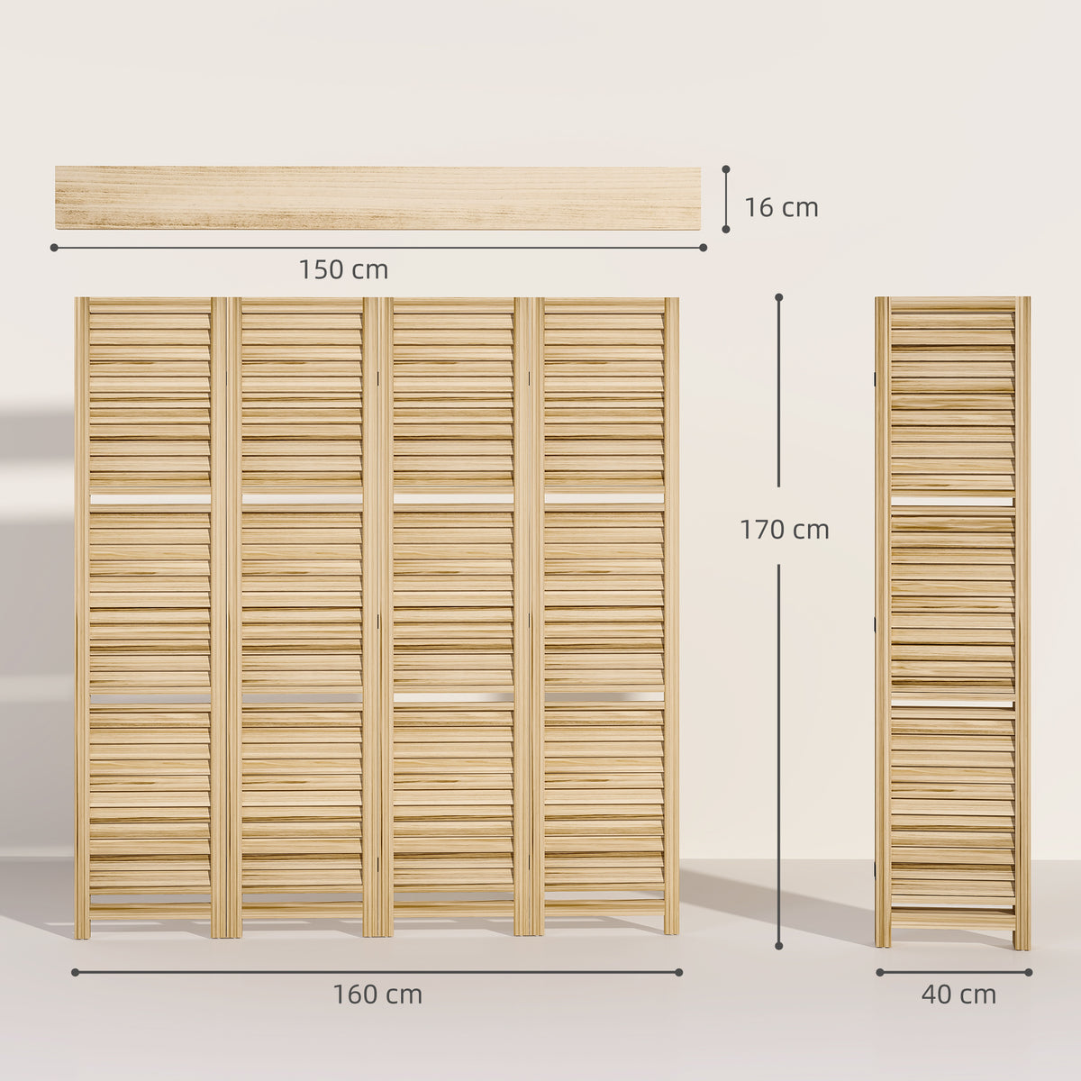 Paravent intérieur en bois 4 panneaux 160 x 170 cm, séparateur de pièce pliable avec 3 étagères, bois naturel-2