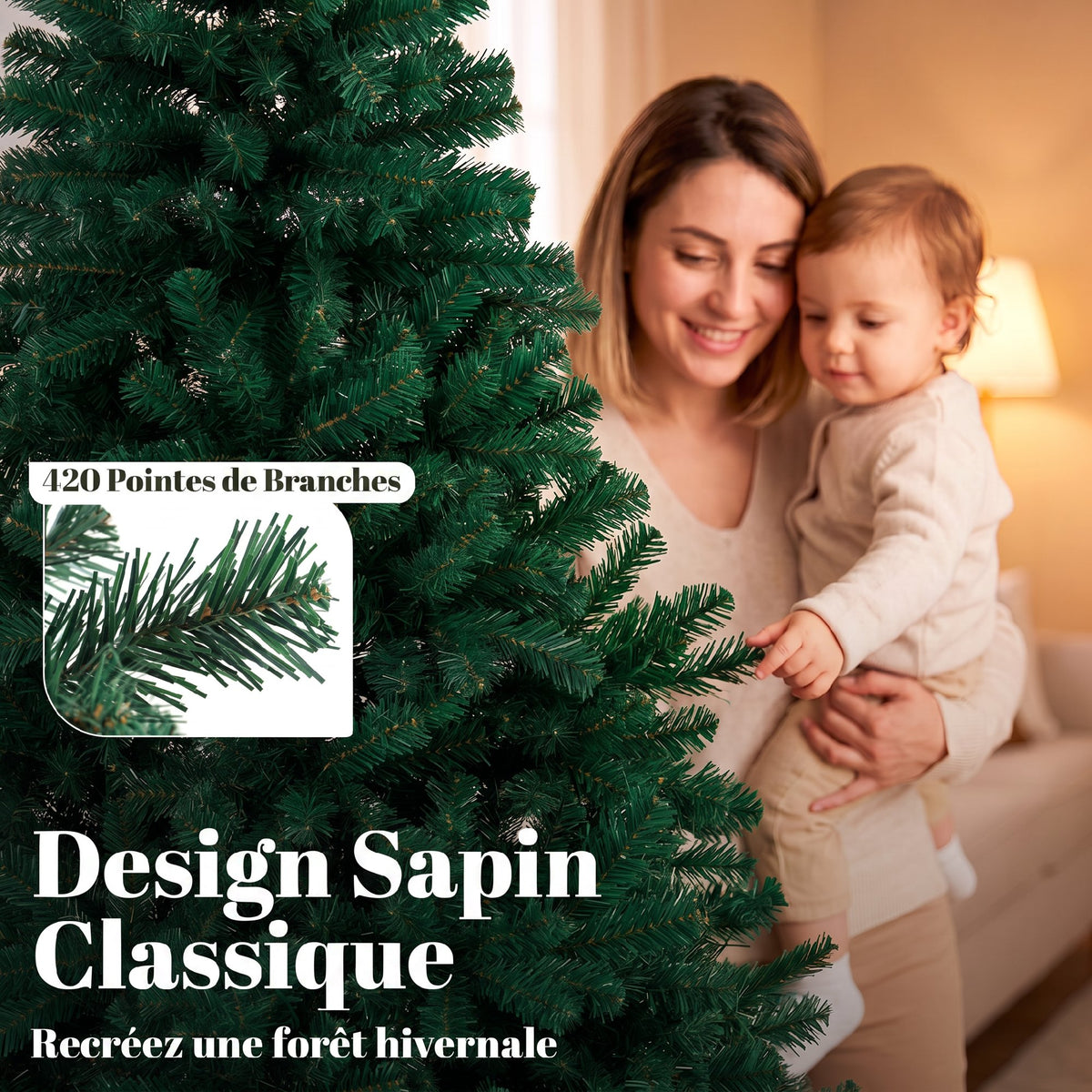 Sapin de Noël Artificiel 150 cm, Arbre de Noël avec 420 Pointes de Branches Articulées, Support Pliable en Acier, Vert-4