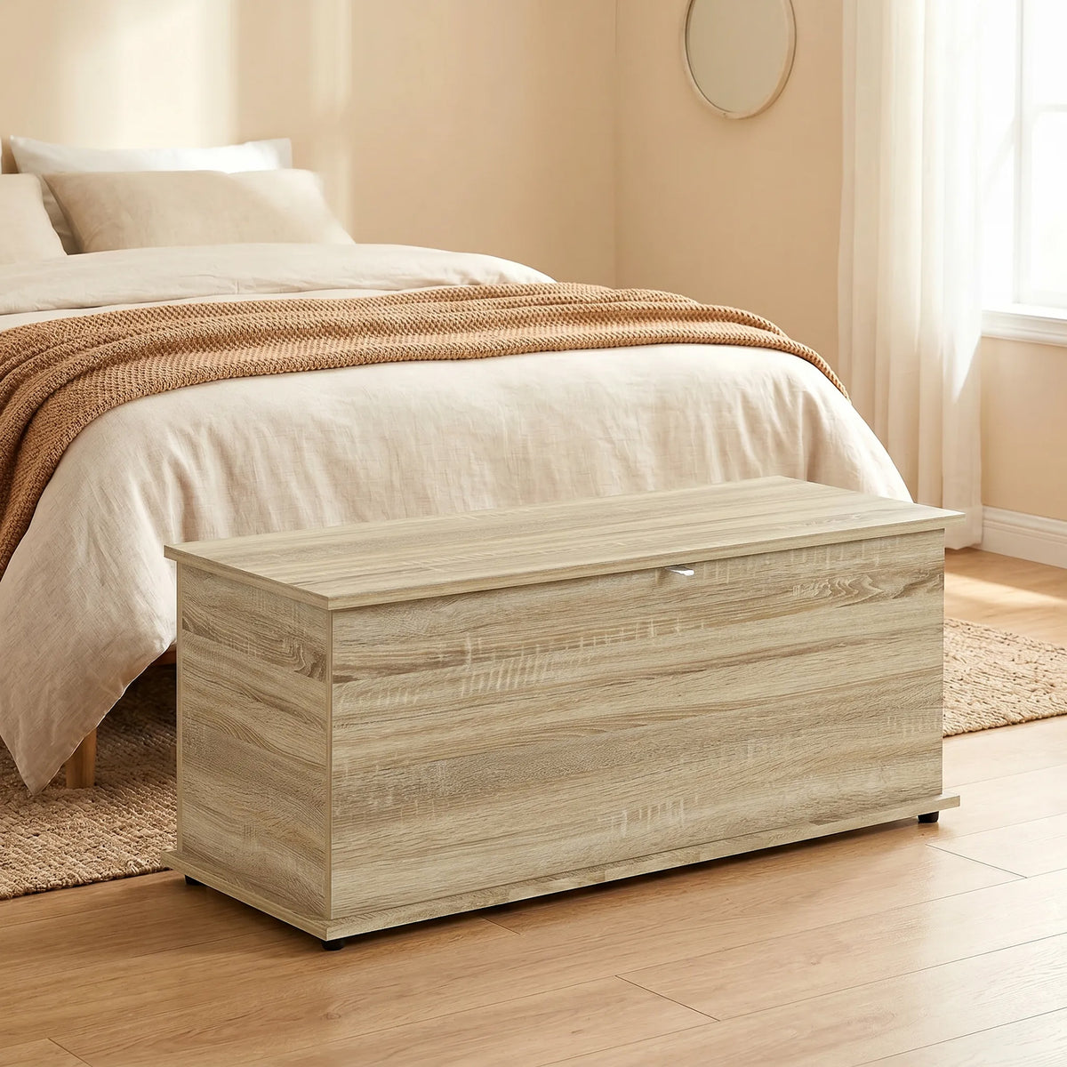 Coffre de rangement, banc de rangement avec couvercle rabattable et charnières de sécurité, 100 x 40 x 40 cm, naturel-1