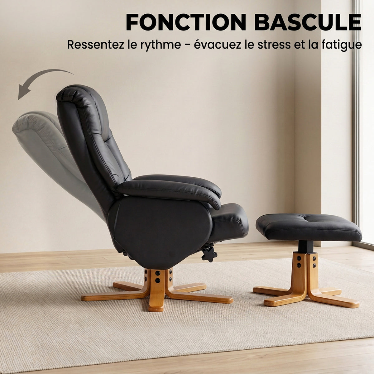 Fauteuil Relax avec Repose-Pied, Fauteuil de Relaxation Inclinable en PU, Pivotant 360°, Fonction Bascule, Noir-4