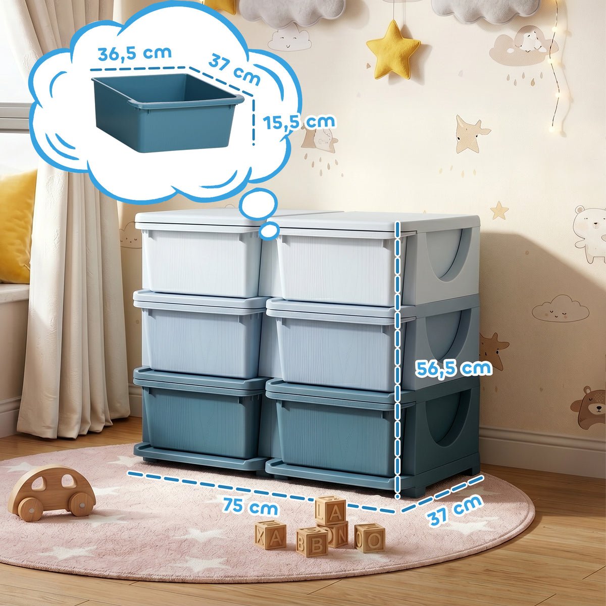 Organisateur de jouets pour enfants à 3 niveaux avec 6 tiroirs, boîtes de rangement en plastique, 75x37x56,5cm, bleu-2