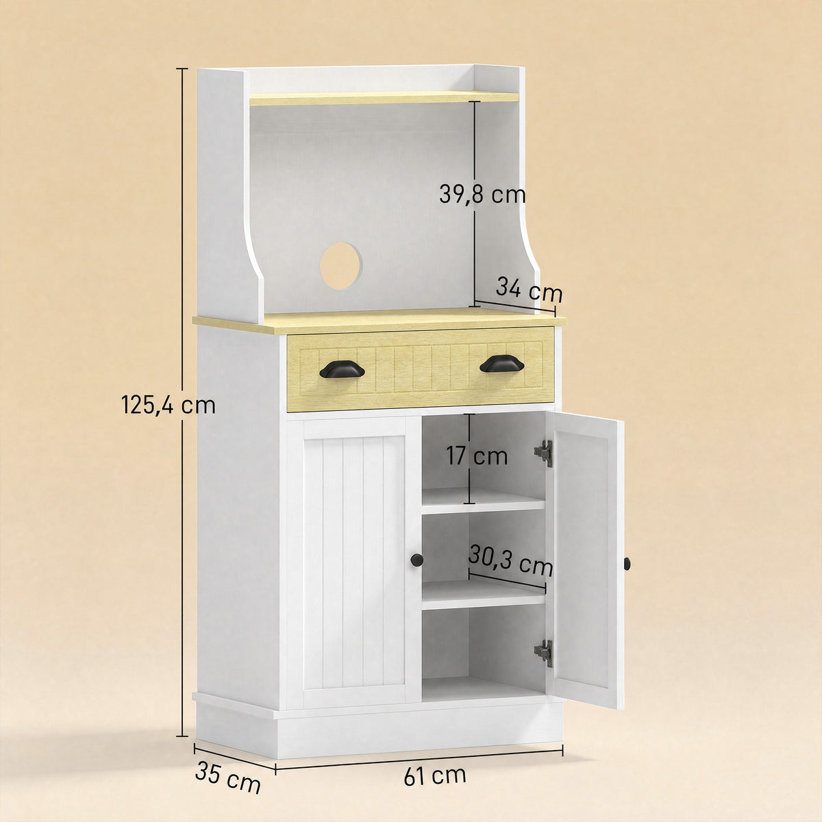 Meuble armoire micro-ondes pour cuisine avec espace ouvert 1 tiroir et placard 2 portes 61 x 35 x 125,4 cm chêne-2