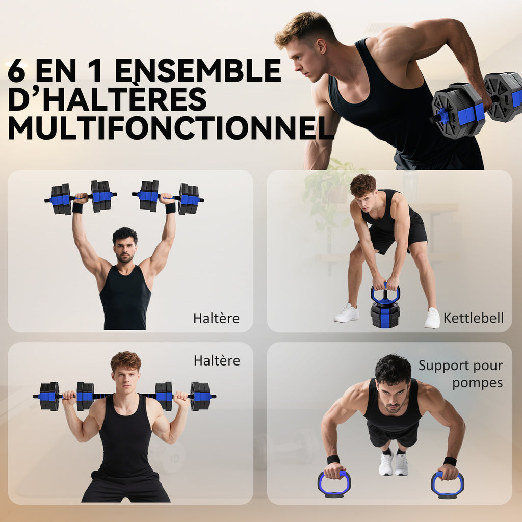 Ensemble d'haltères musculation 6-en-1 haltère réglable 20 kg kettlebell, barre de musculation support pour pompes bleu-3