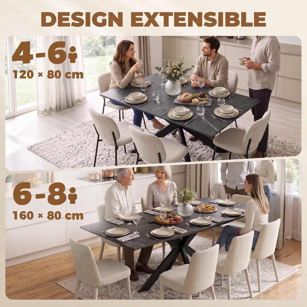 Table à Manger Extensible pour 4 à 8 Personnes, 120-160 cm, Plateau Effet Marbre, Pieds Croisés en Acier, Noir-3
