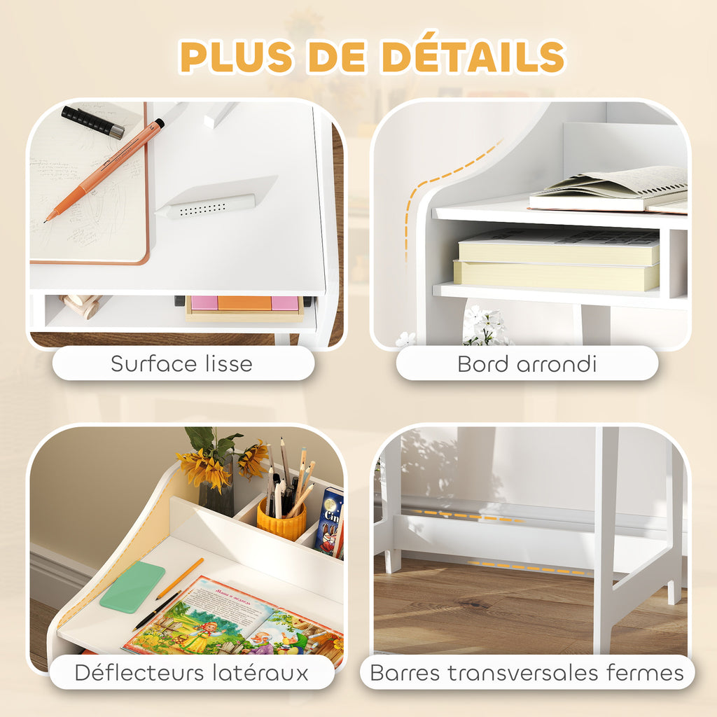 Ensemble bureau et chaise pour enfant 3 à 8 ans avec compartiments et étagères ouverts, blanc-6