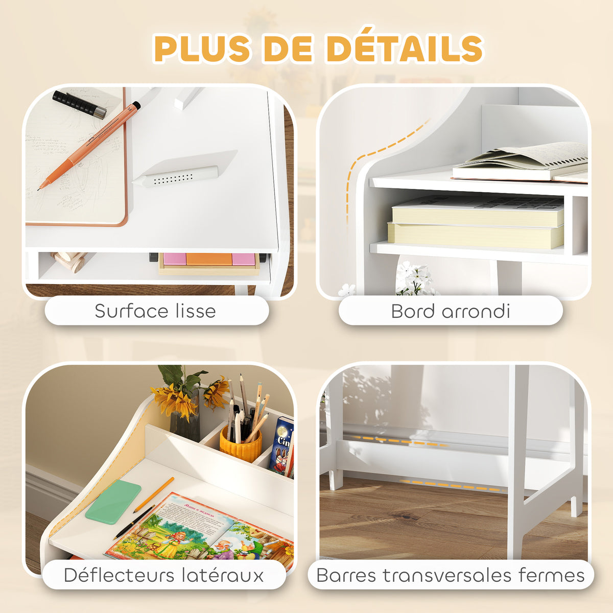 Ensemble bureau et chaise pour enfant 3 à 8 ans avec compartiments et étagères ouverts, blanc-6
