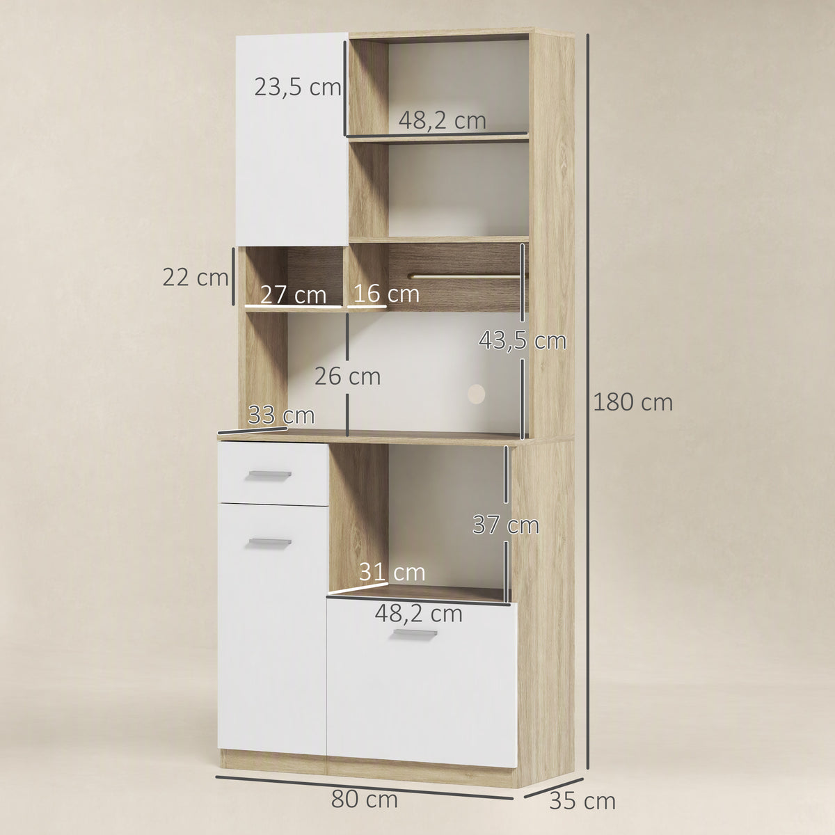 Armoire de cuisine haute, meuble de rangement moderne avec étagères réglables, tiroir, blanc et aspect bois-2