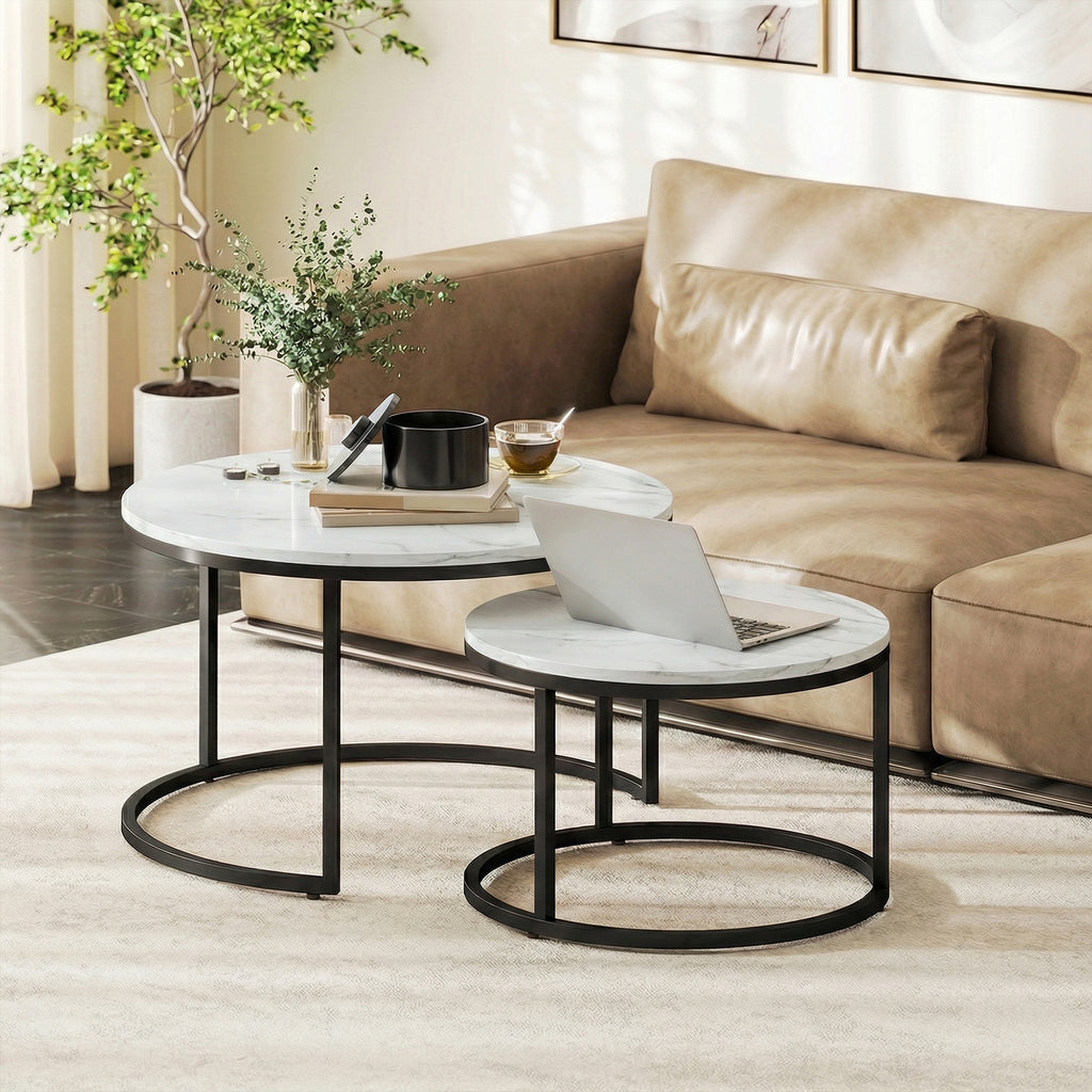 Lot de 2 tables basses gigognes empilable design industriel pieds en métal blanc-1