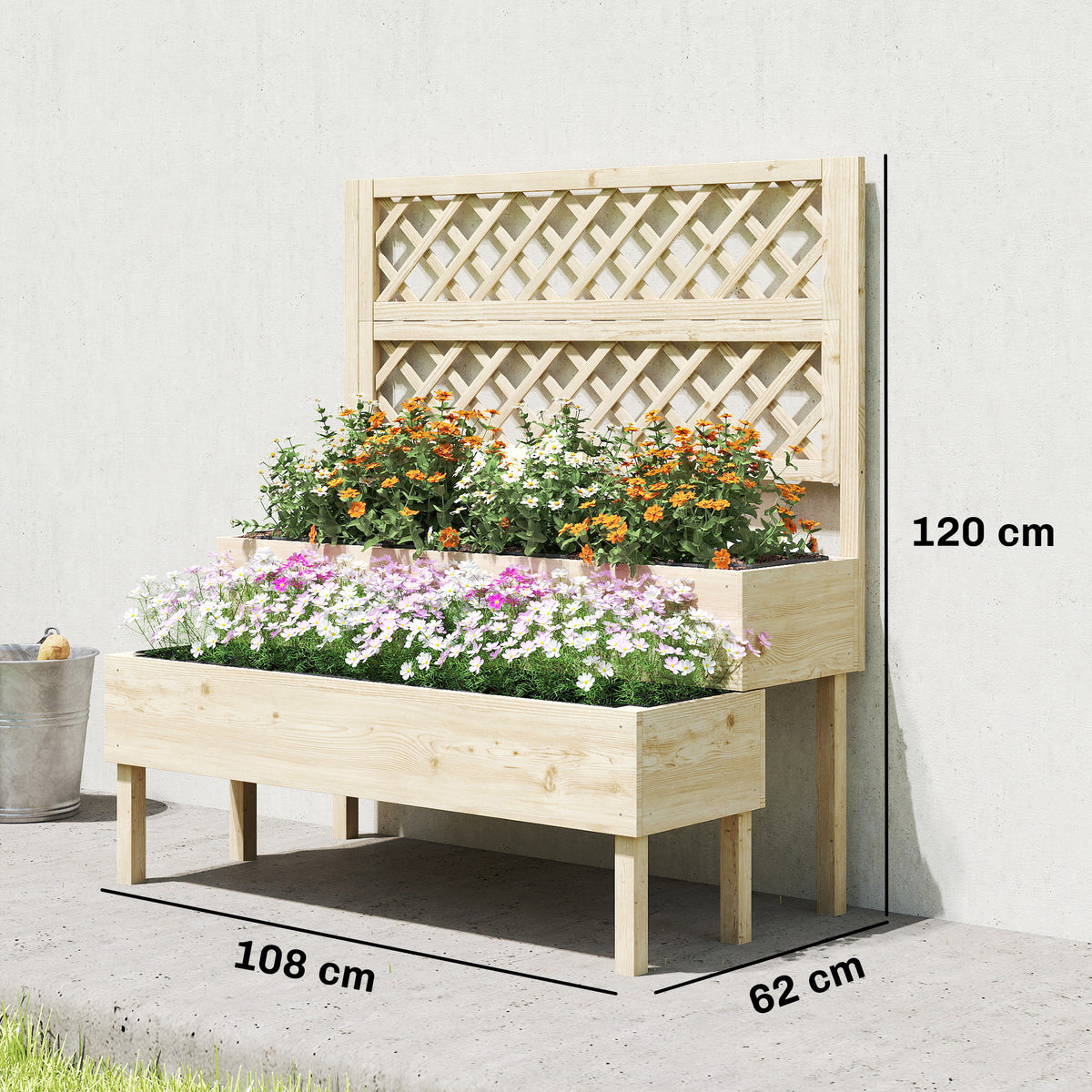 Jardinière à 2 Niveaux avec Treillis, bac à fleurs, avec tissu non tissé, 108 x 62 x 120 cm, effet bois naturelle-2