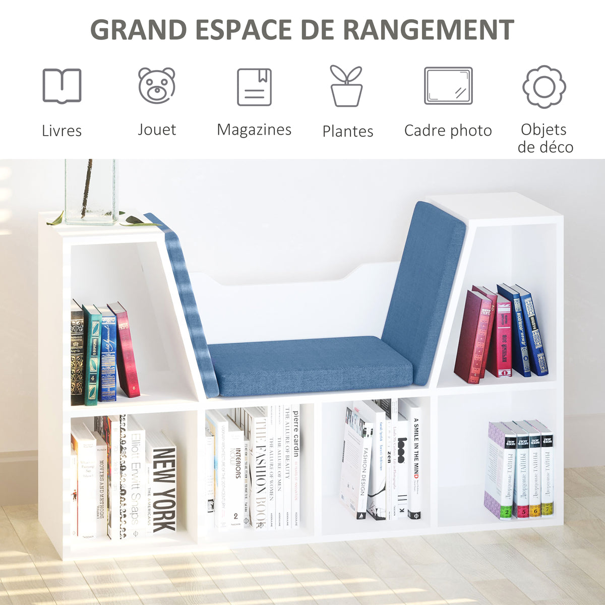 Bibliothèque banc 2 en 1 avec coussins de siège, étagère cube 6 compartiments ouverts et 2 niveaux, meuble de rangement pour salon, chambre à coucher, bureau, 102 x 30 x 61 cm, bleu-3