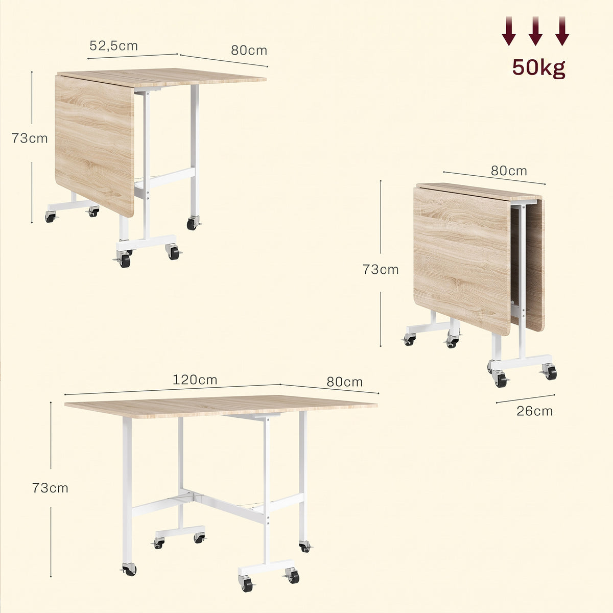 Table à Manger Pliante sur Roulettes pour 4-6 Personnes 120 cm, Roues avec Freins, 2 Abattants, Style Industriel, Chêne-2