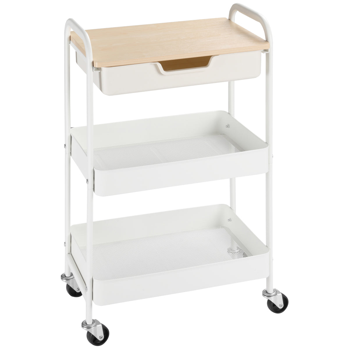 Desserte de cuisine chariot de service 2 étagères tiroir plateau aspect bois clair acier PP blanc-0