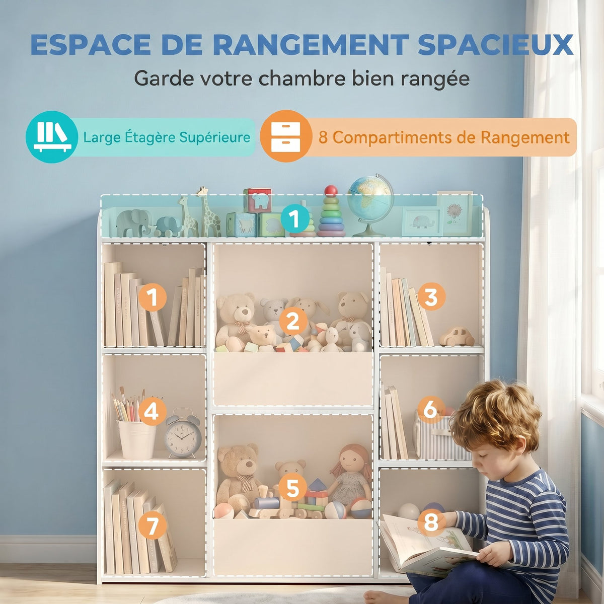 Meuble rangement enfant, bibliothèque enfants avec 8 compartiments et étagère supérieure, 104 x 29 x 101,5 cm, blanc-3