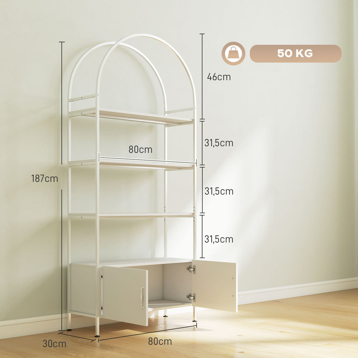 Étagère de rangement, bibliothèque arquée à 4 niveaux avec placard double porte, 80 x 30 x 187 cm, blanc-2