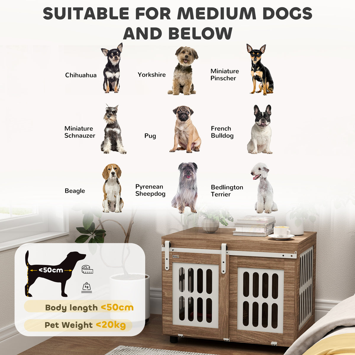 Meuble cage pour chien avec porte coulissante, maison pour chien de moyenne, table d'appoint, 80 x 59 x 63 cm, noyer-7