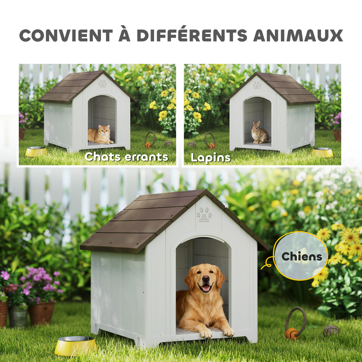 Niche pour chien extérieur, maison chien en polypropylène imperméable ventilé plancher surélevé 88x79x89cm gris clair-7