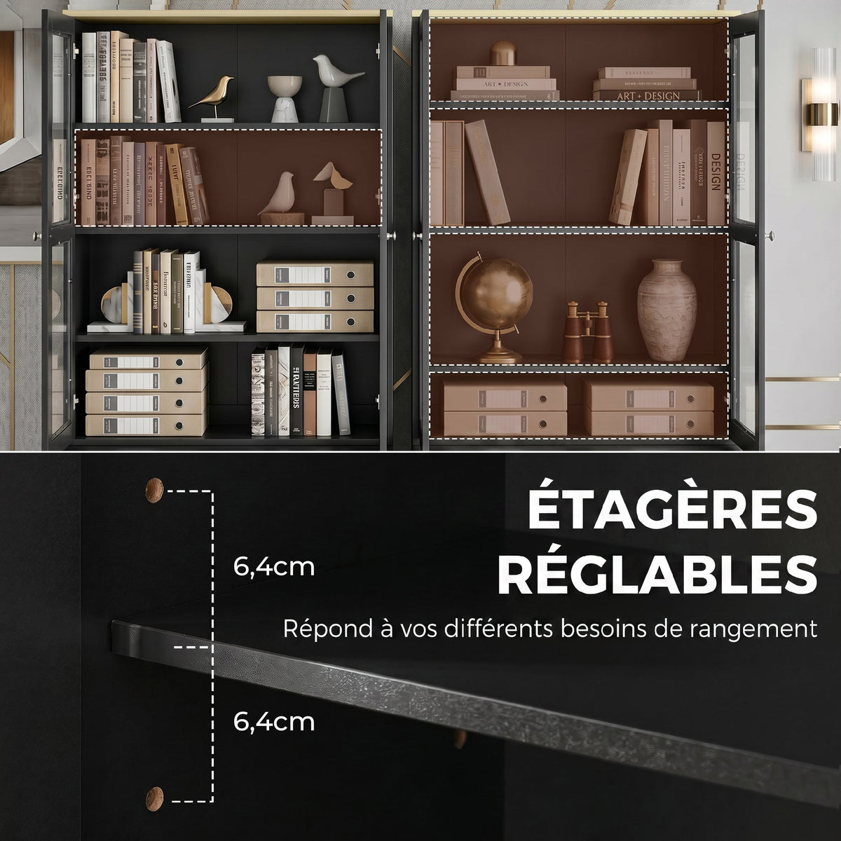 Bibliothèque vitrine, meuble de rangement à 6 niveaux avec 4 portes dont 2 en verre trempé, étagères réglables, noir-4