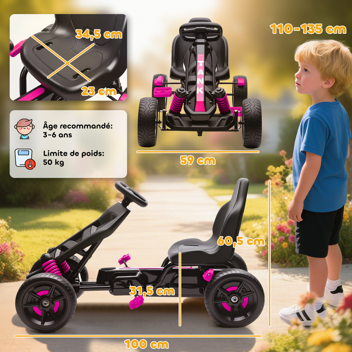 Kart à pédales pour enfants, karting enfant 3 à 6 ans avec roue libre, frein, roues EVA antidérapantes, rose-2