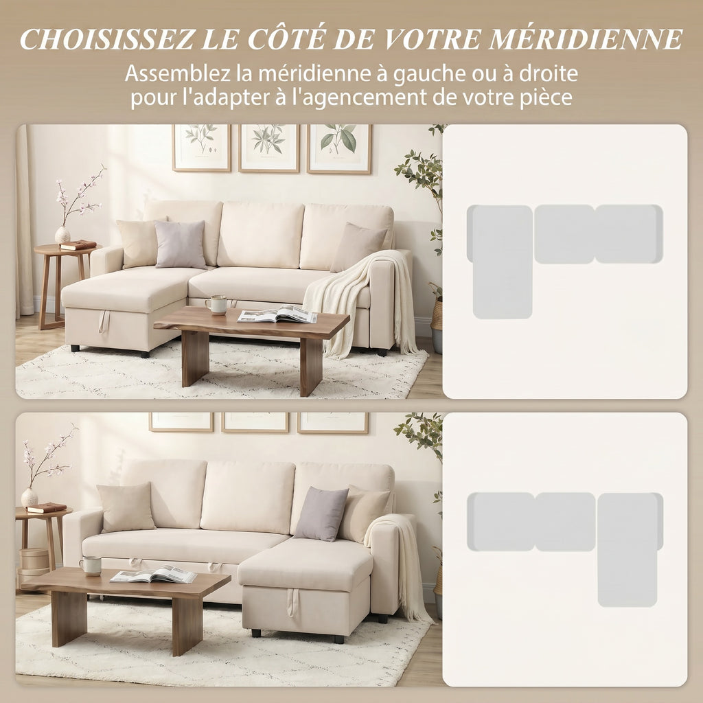 Canapé d'angle convertible modulable avec méridienne réversible, coffre de rangement et 3 coussins de dossier, crème-4