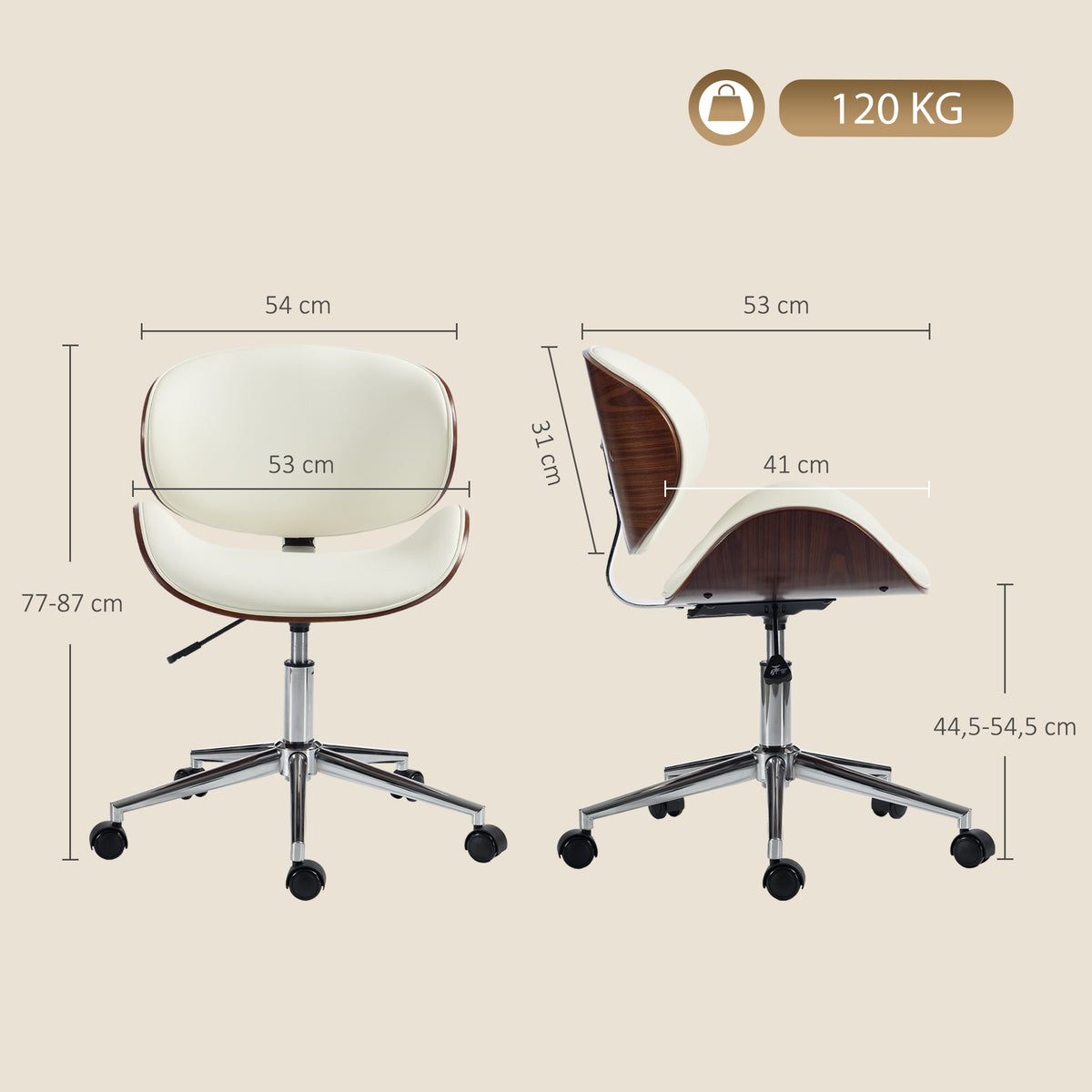 Chaise de Bureau Design Vintage, Hauteur Réglable, Pivotant 360°, Revêtement Synthétique, 53x53x87cm, Crème-2