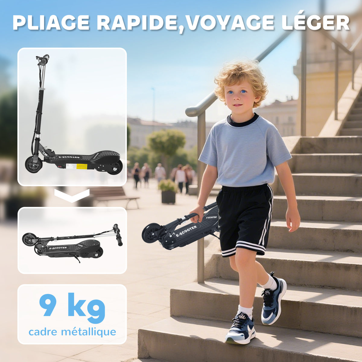 Trottinette électrique pliante pour enfant de +7ans, 120W Vitesse max 12km/h, 74x36x82,5-92,5 cm Noir-4