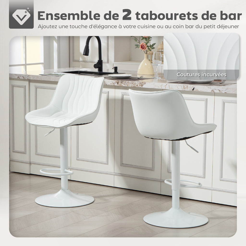 Lot de 2 tabourets de bar, chaises de bar structure en acier hauteur réglable 92-110 cm, dossier repose-pieds blanc-3
