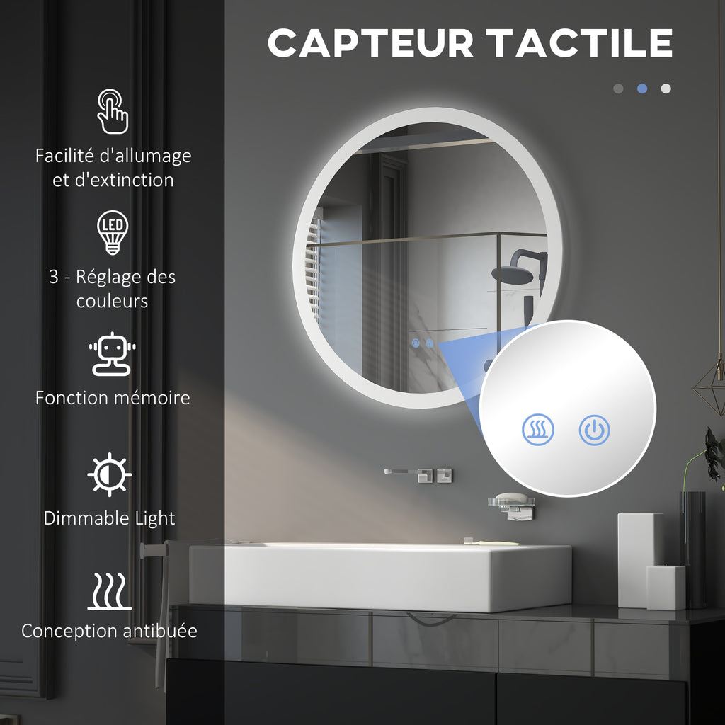 Miroir rond lumineux LED de salle de bain Ø 70 cm mural éclairage interrupteur tactile système antibuée 35W blanc argent-3