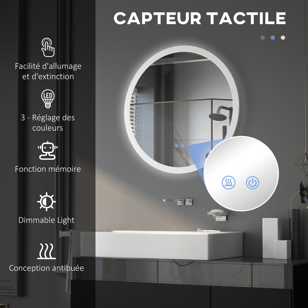 Miroir rond lumineux LED de salle de bain Ø 70 cm mural éclairage interrupteur tactile système antibuée 35W blanc argent-3
