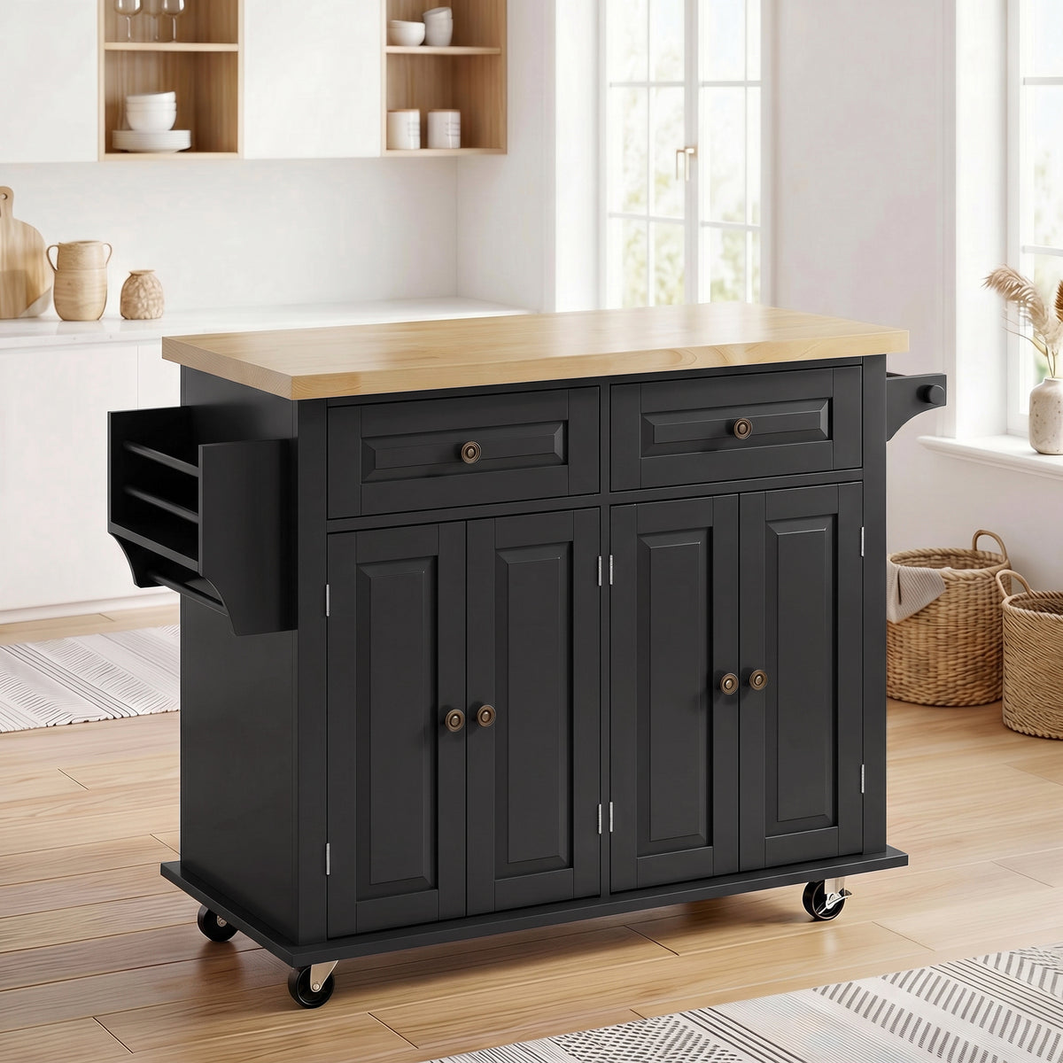 Îlot Central Cuisine avec Plateau en Hévéa, Desserte de Cuisine sur Roulettes avec 2 Tiroirs, 111 x 44,5 x 82,5 cm, Noir-1