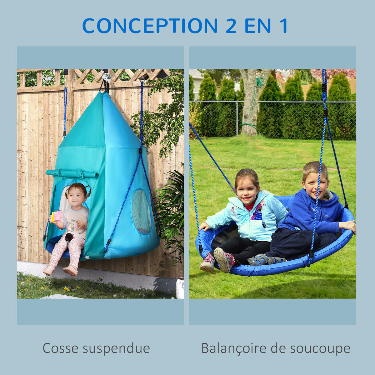Balançoire nid d'oiseau avec tente amovible Ø 100 cm charge max. 150 Kg corde réglable en hauteur 120 à 180 cm bleu-3