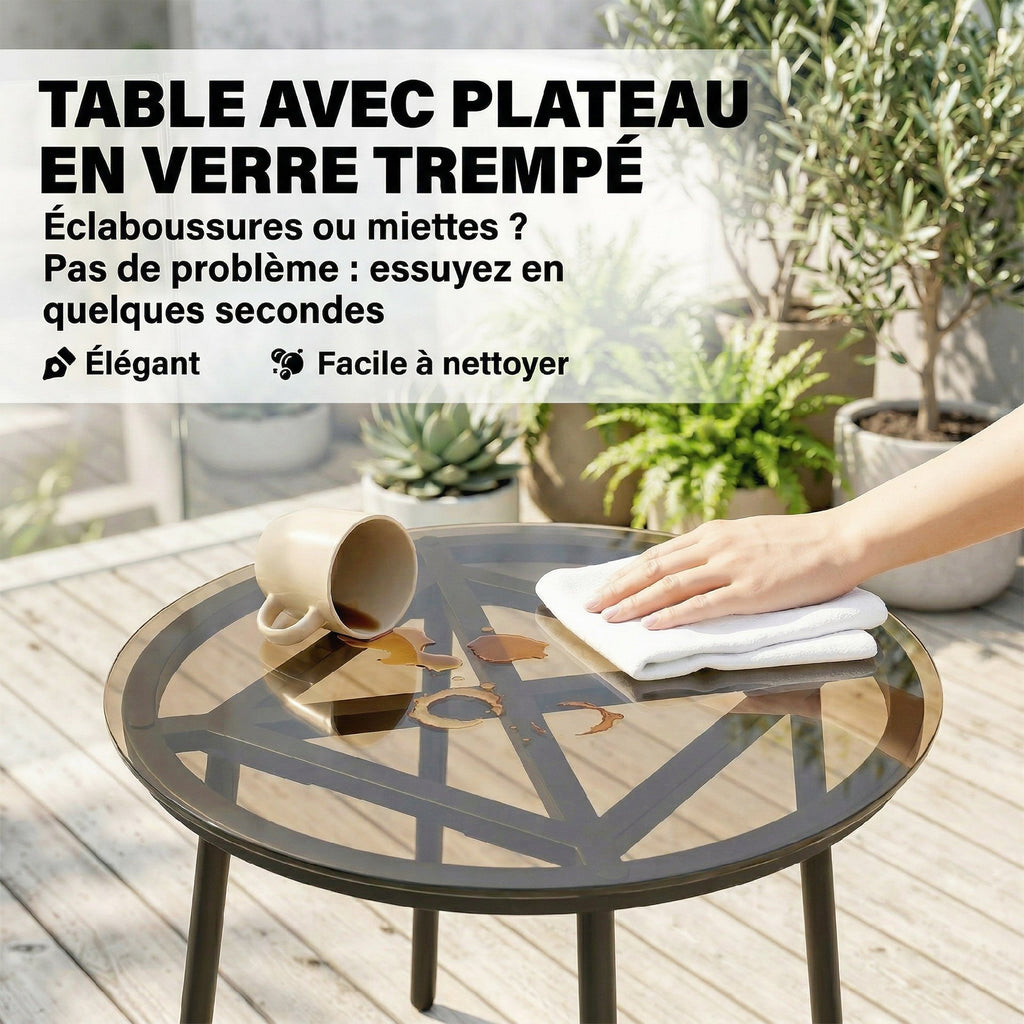 Salon de Jardin Extérieur 3 Pièces en Résine Tressée, Table en Verre Trempé, 2 Fauteuils avec Coussins, 62x73x79cm, Crème-6