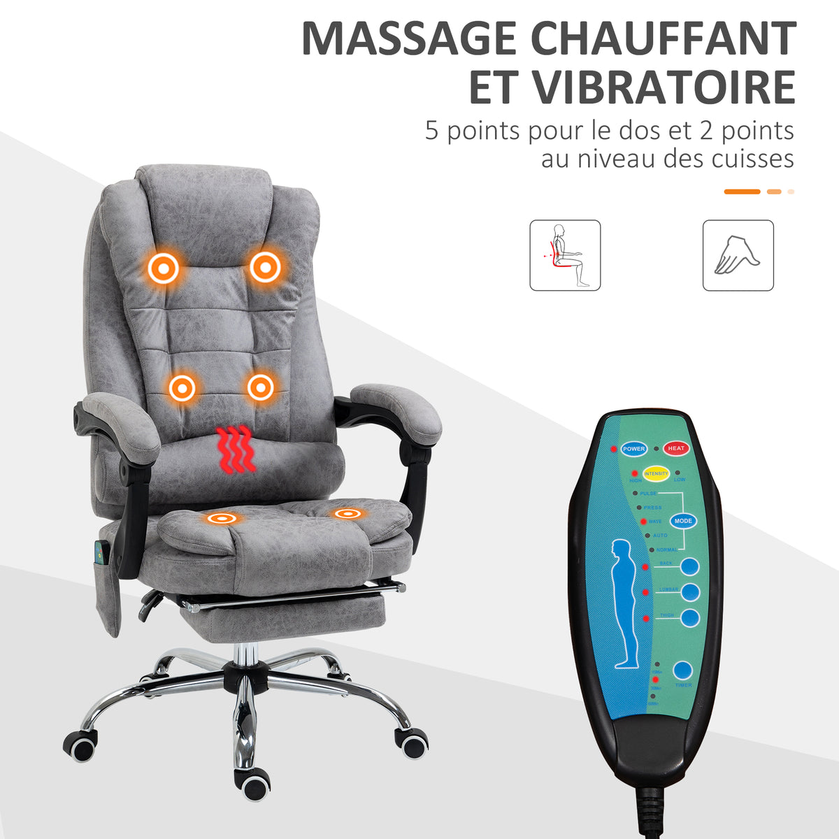 Fauteuil de bureau direction massant chauffant hauteur réglable dossier inclinable toile de microfibre gris-3