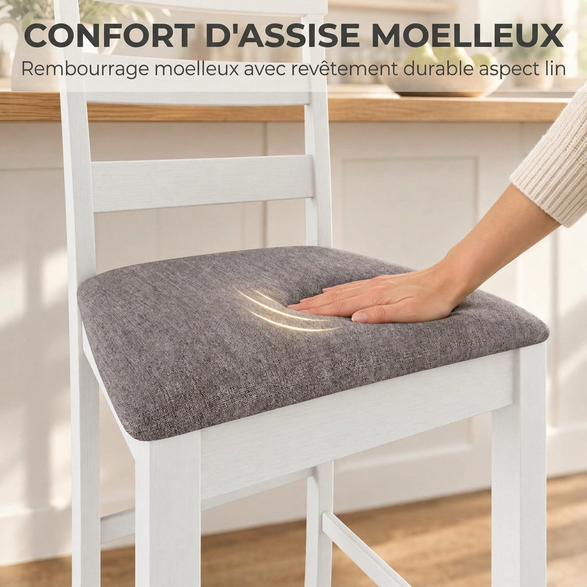 Lot de 2 Tabourets de Bar, Chaises de Bar en Bois Massif avec Assise Rembourrée en Lin et Dossier, Blanc et Marron-4