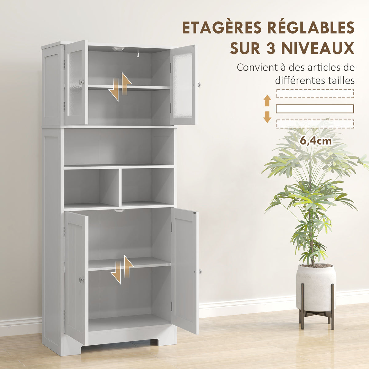 Buffet haut cuisine, armoire de cuisine, 4 portes, niches, étagères réglables, portes en verre, 60 x 30 x 145,5 cm blanc-4