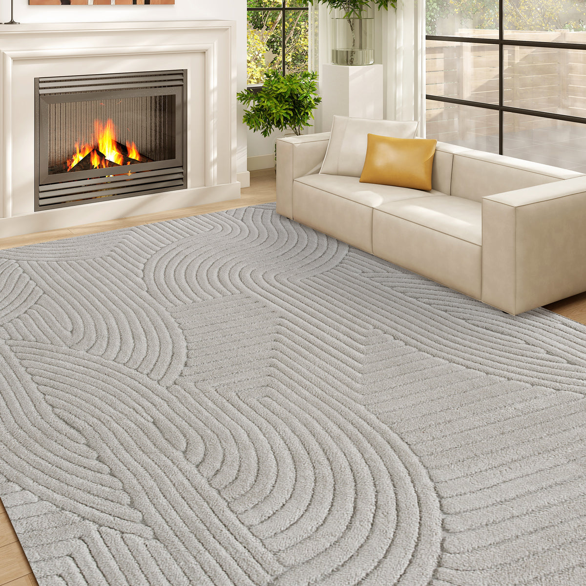 Tapis salon 230 x 160 cm, tapis à poils épais géométrique, moelleux et antidérapant, gris-1