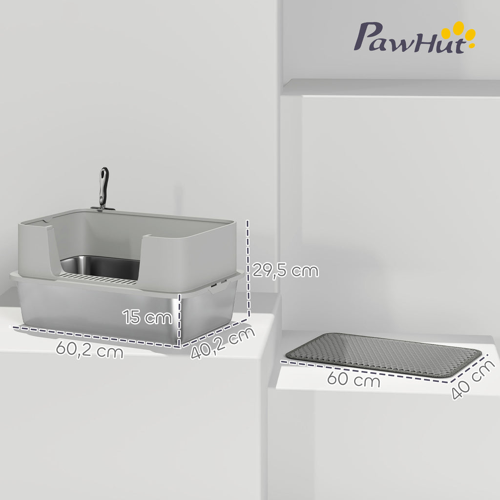 Bac à litière XL en acier inoxydable, maison de toilette pour grand chat, nettoyage facile 60,2 x 40,2 x 29,5 cm, gris-2