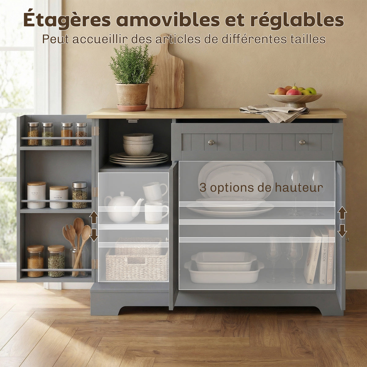 Buffet cuisine, meuble de rangement avec 3 portes, tiroir, étagères de porte et étagère réglable, 105x40x83cm, gris-4